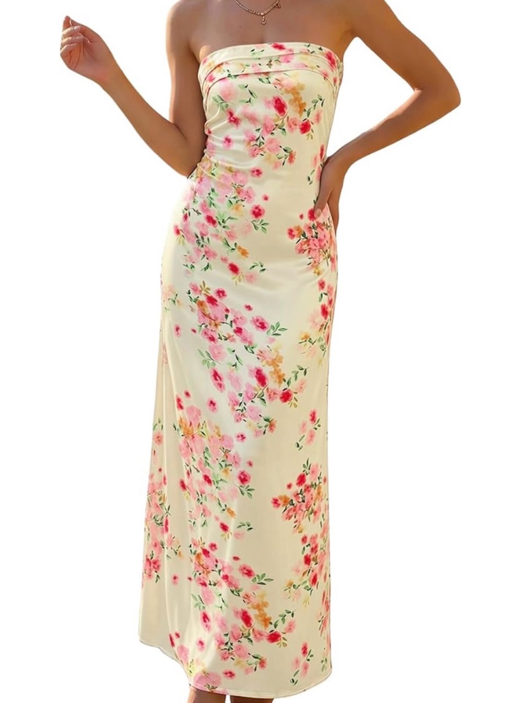 Floral Satin Slip Dress In Cream With Pink & Yellow Blossoms